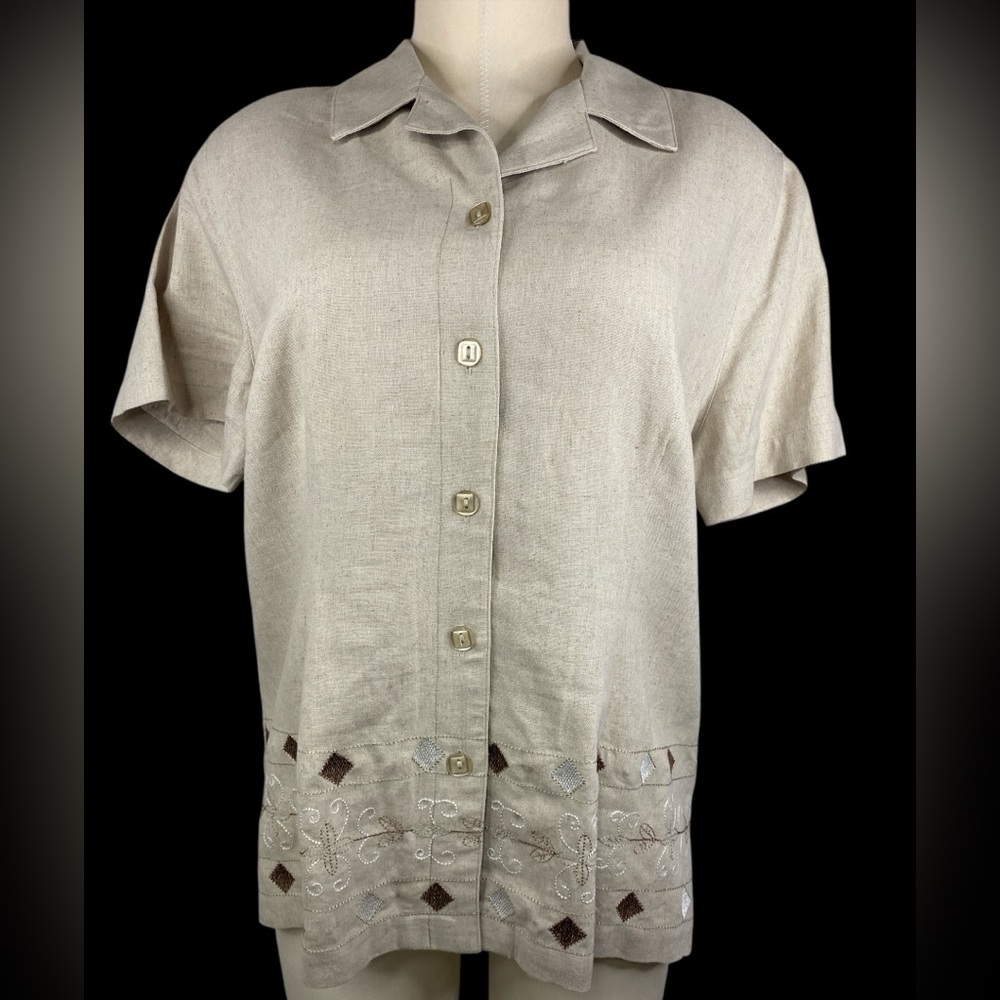 Sag Harbor Beige Linen Blend Button Up Top Women’s Medium